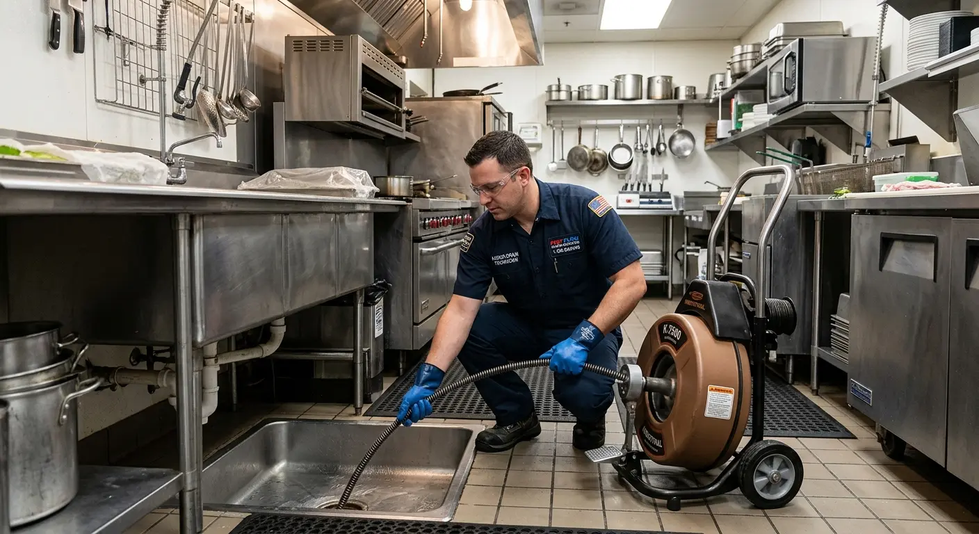 Commercial drain cleaning service in a restaurant kitchen in Odessa