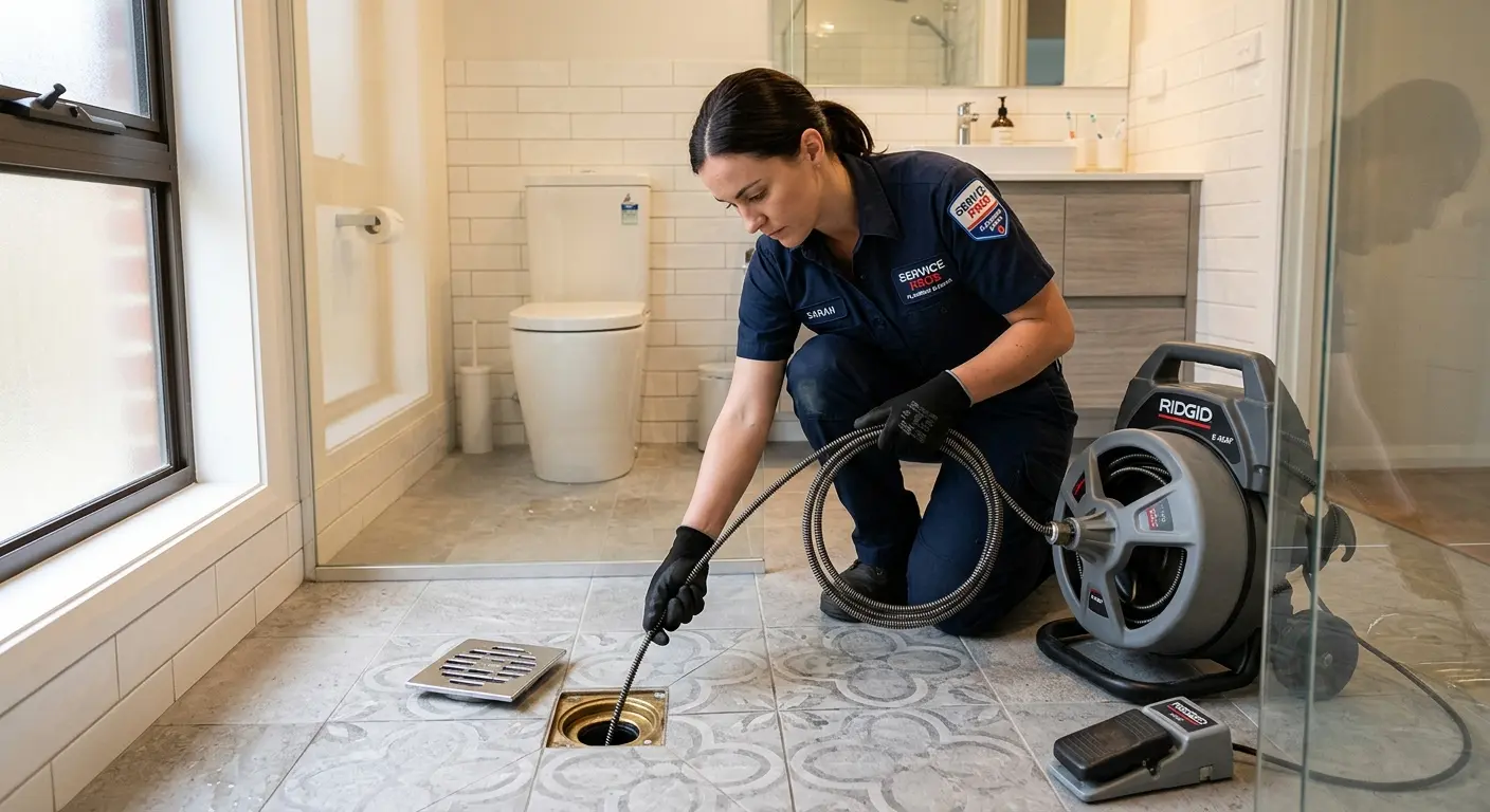 Technician clearing a bathroom floor drain for Clogged Drain Repair in Odessa